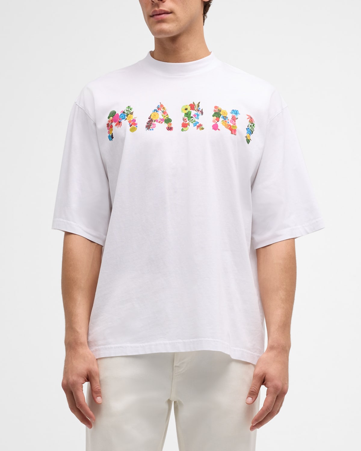 Shop Marni Men's Floral Logo T-shirt In Lily/white