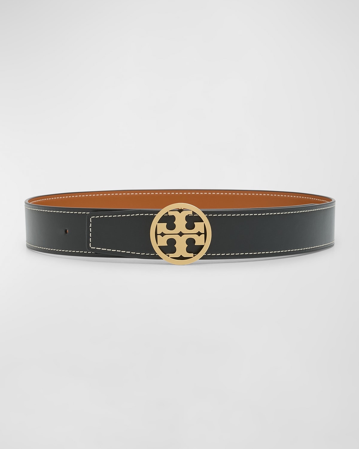 Tory Burch Miller Reversible Leather Belt In Black Whiskey Gol