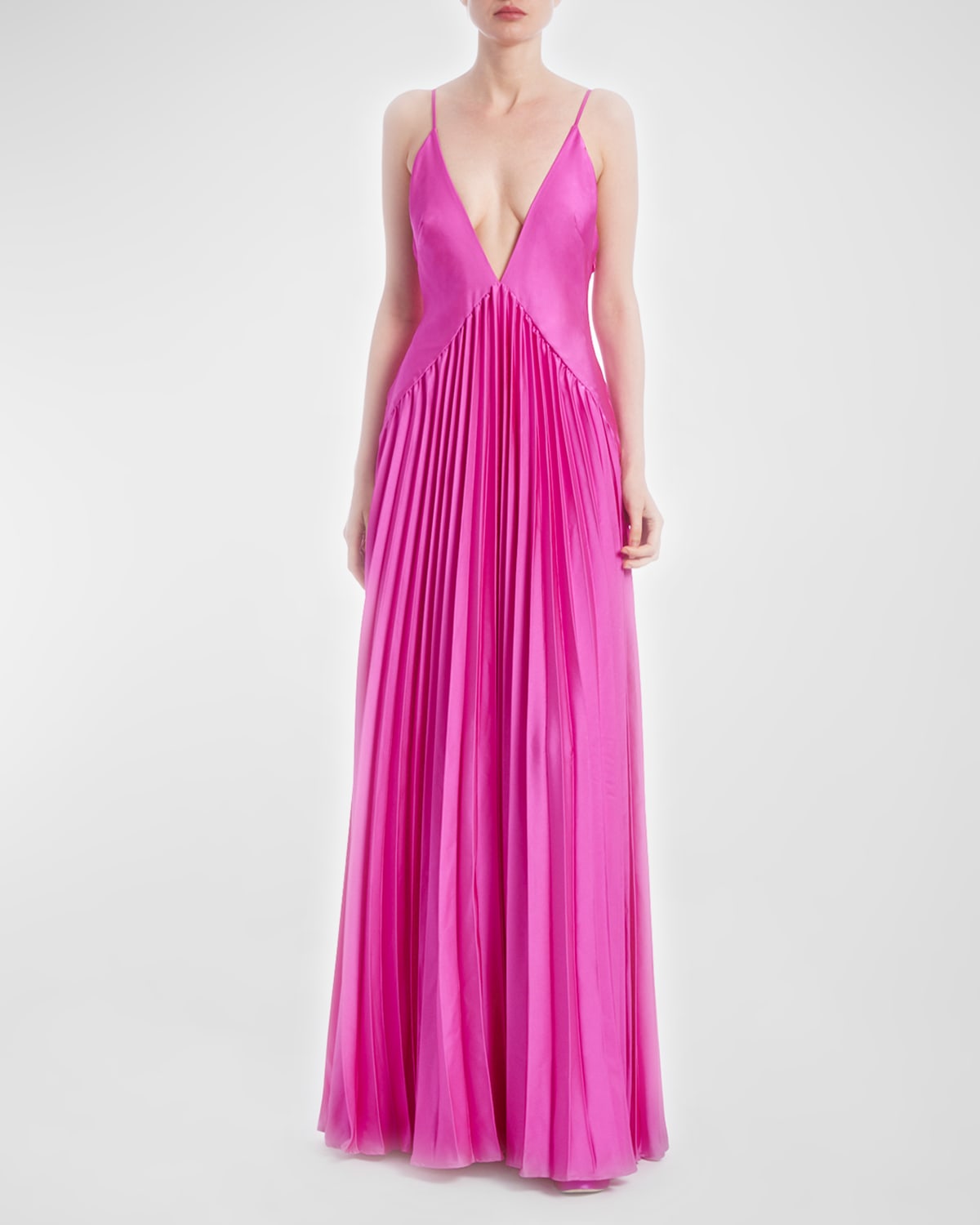 Shop One33 Social Pleated Deep V-neck Backless Gown In Bright Pink