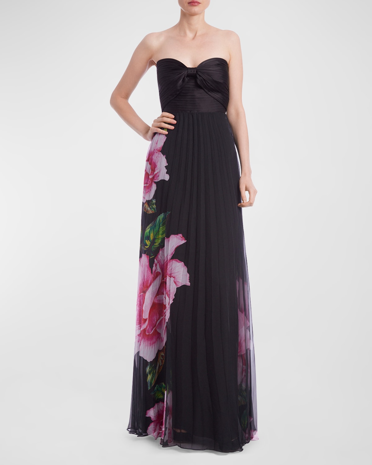 Pleated Strapless Floral-Print Bow-Front Gown