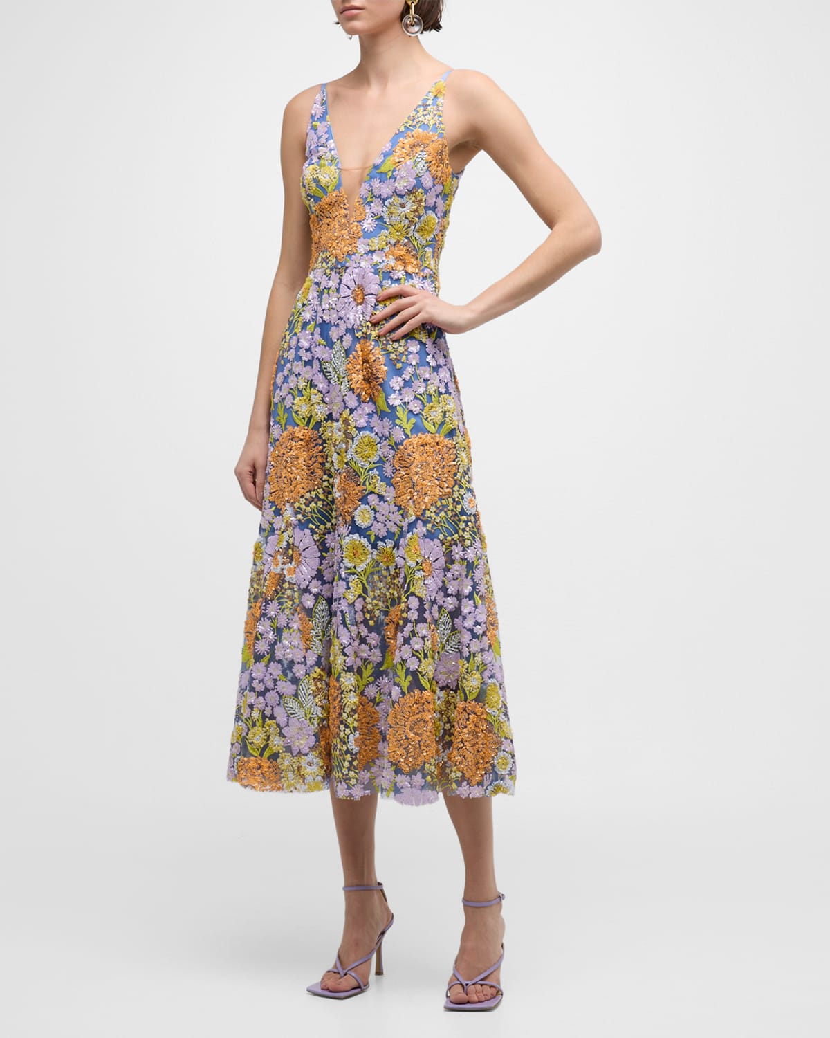Leslie Deep V-Neck Floral Sequin Midi Dress
