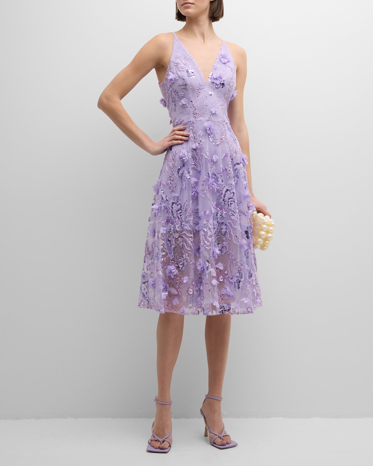 Shop Dress The Population Black Label Audrey Sequin Floral-embroidered Midi Dress In Lavender Multi