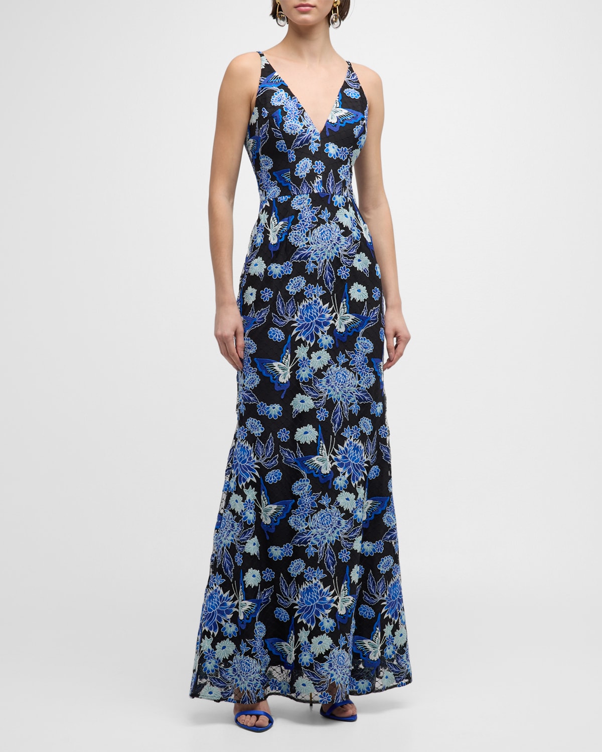 Shop Dress The Population Black Label Sharon Sleeveless Floral-embroidered Gown In Cobalt Multi
