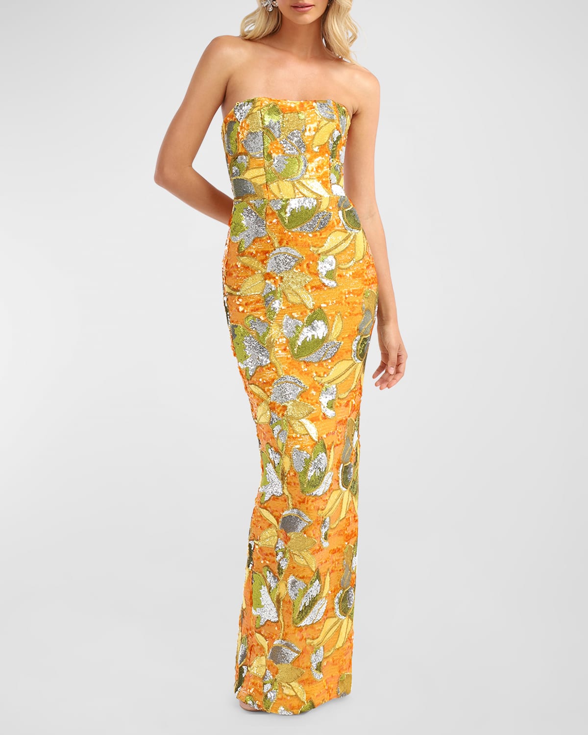 Serena Strapless Floral Sequin Column Gown