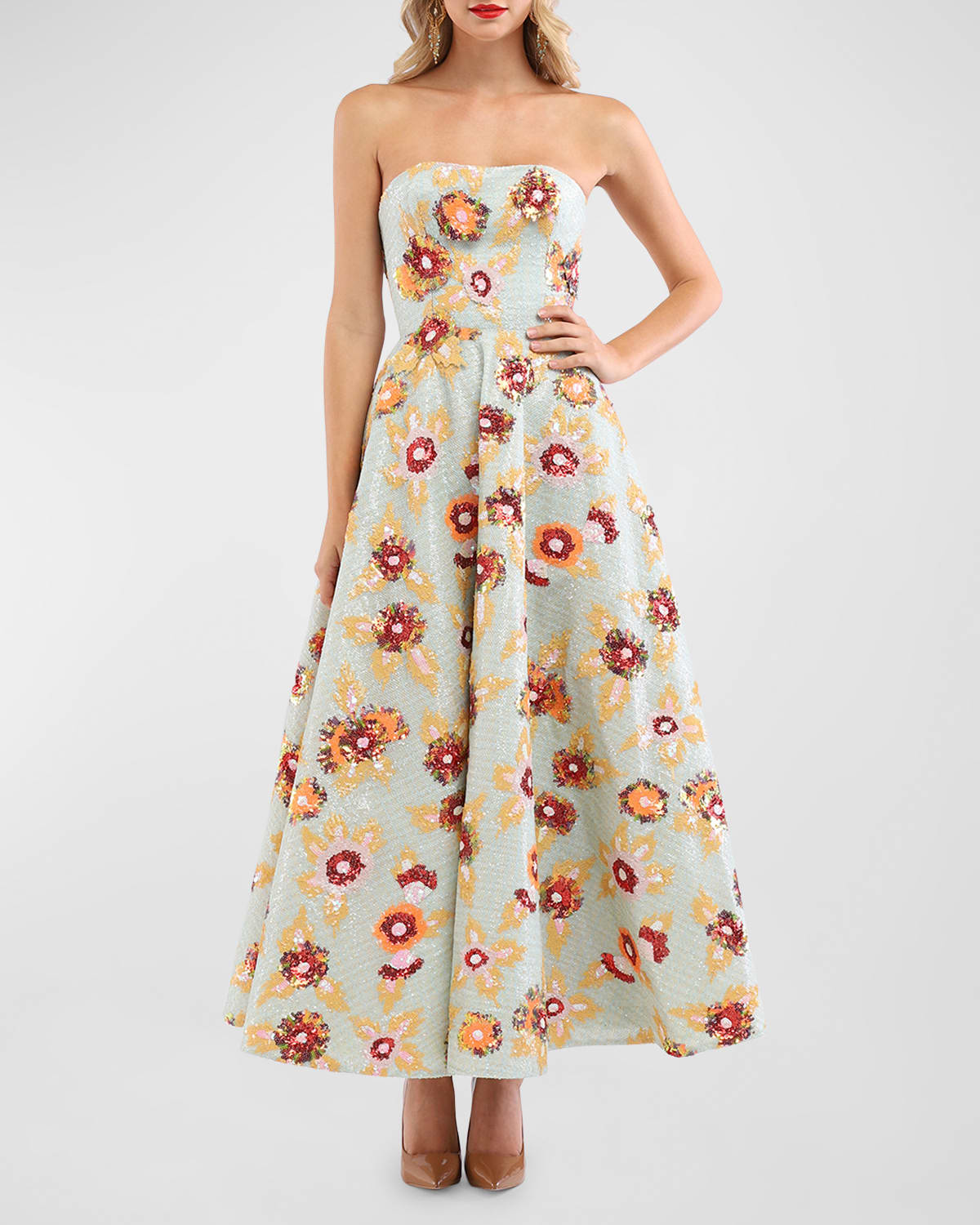 Celine Strapless Floral Sequin A-Line Gown