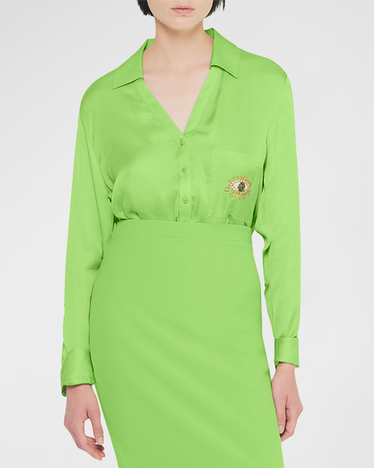 Shop As By Df Evil Eye Satin Blouse In Paradise Green