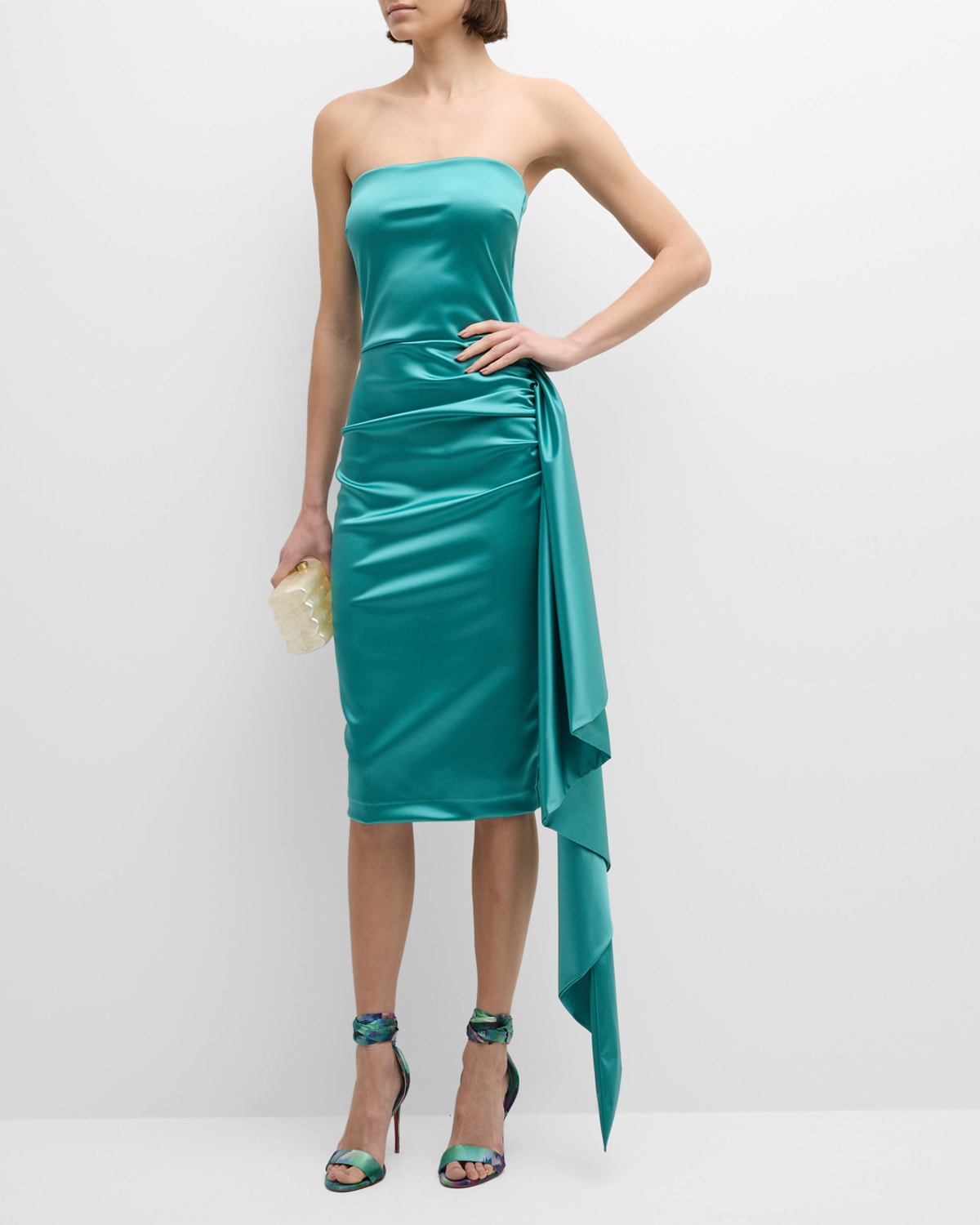 Shop Chiara Boni La Petite Robe Strapless Draped Bodycon Satin Midi Dress In Wave
