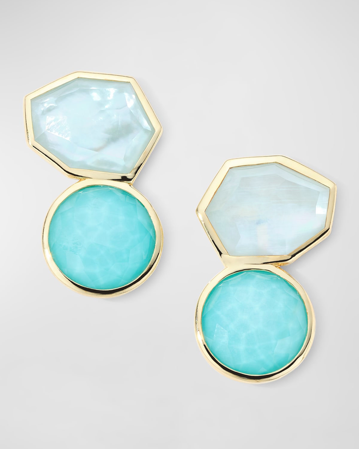 18K Rock Candy Large 2-Stone Post and Omega Earrings in Mother of Pearl/Amazonite Triplet with Turquoise Doublet
