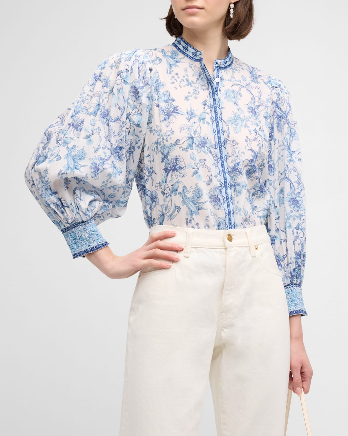 Shop Alice And Olivia April Pleated Blouson-sleeve Top In Je L'adore Spring Sky