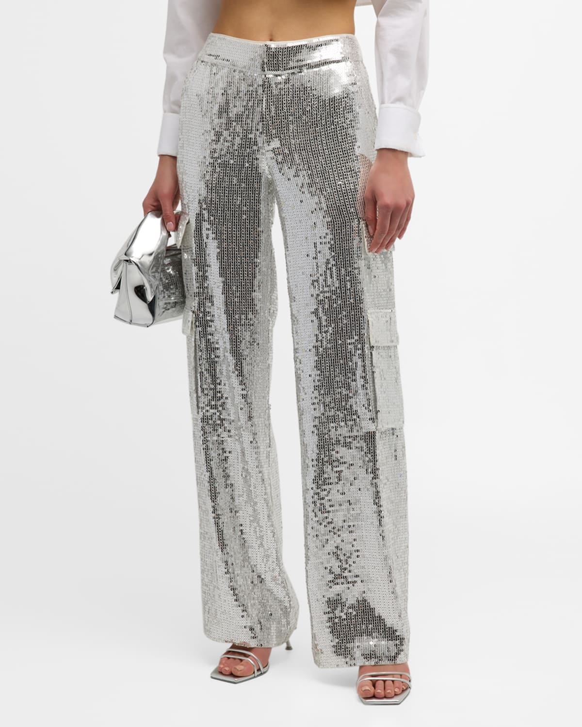 Shop Alice And Olivia Hayes Sequined Wide-leg Cargo Pants In Silver