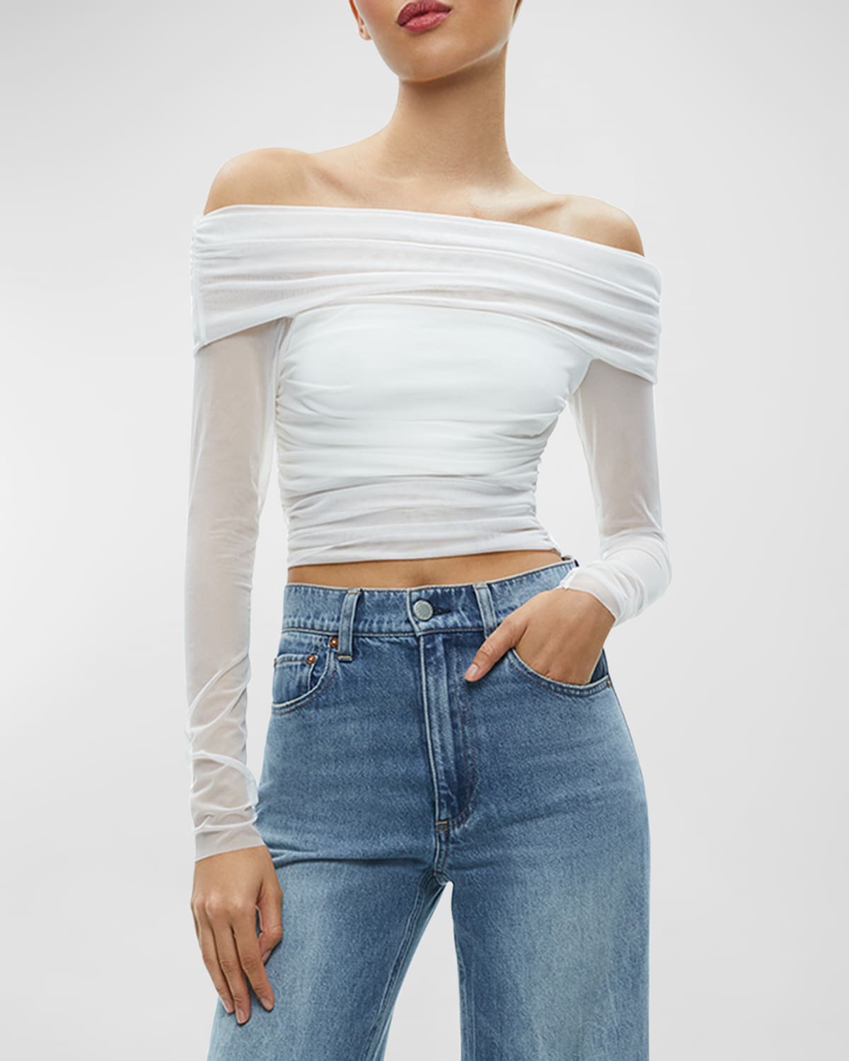 Alice And Olivia Isadola Ruched Off-the-shoulder Top In Off White