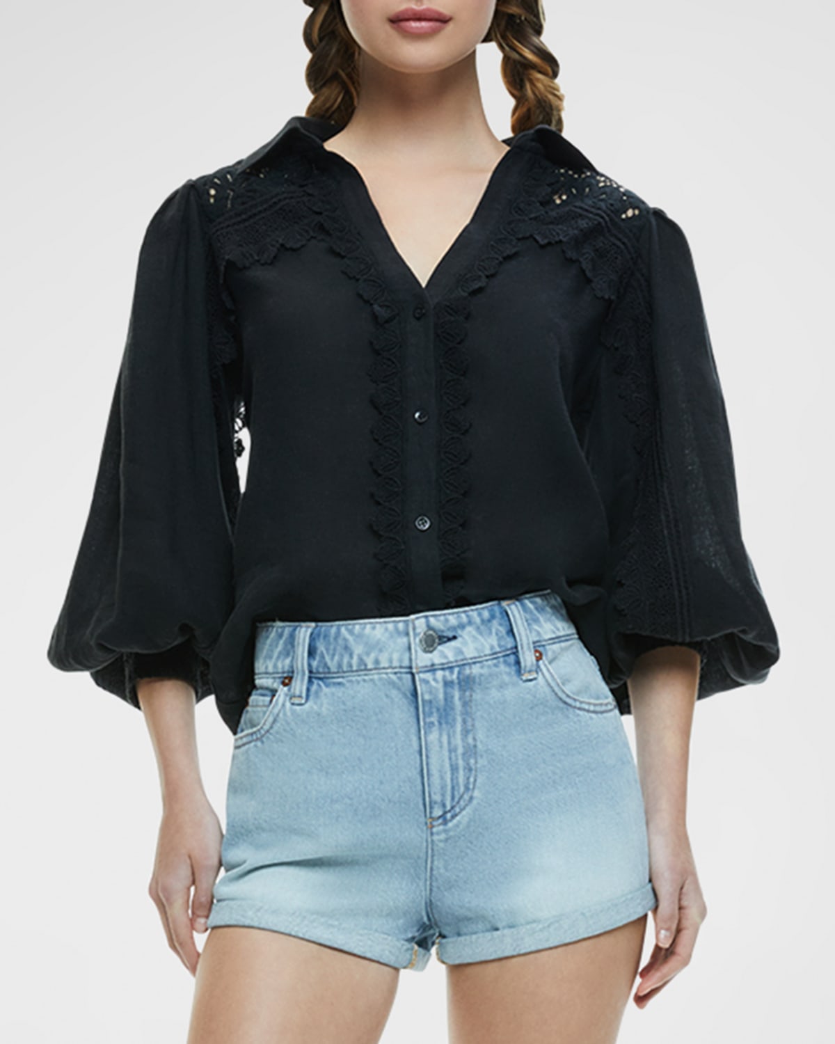 Alice And Olivia Venty Button-front Linen Blouse In Black