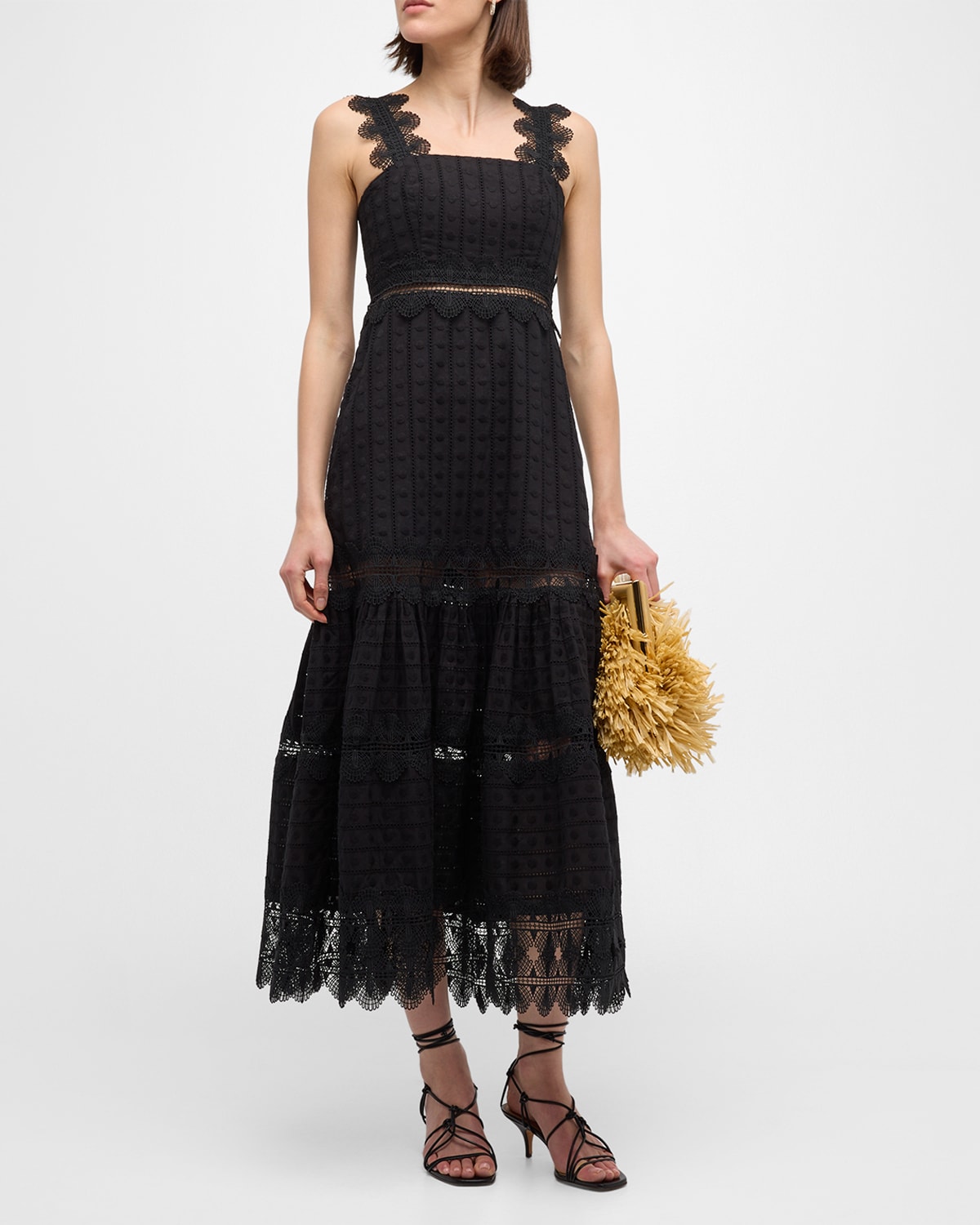 Waimari + Net Sustain Ibiza Tiered Lace-trimmed Broderie Anglaise Cotton Midi Dress In Black