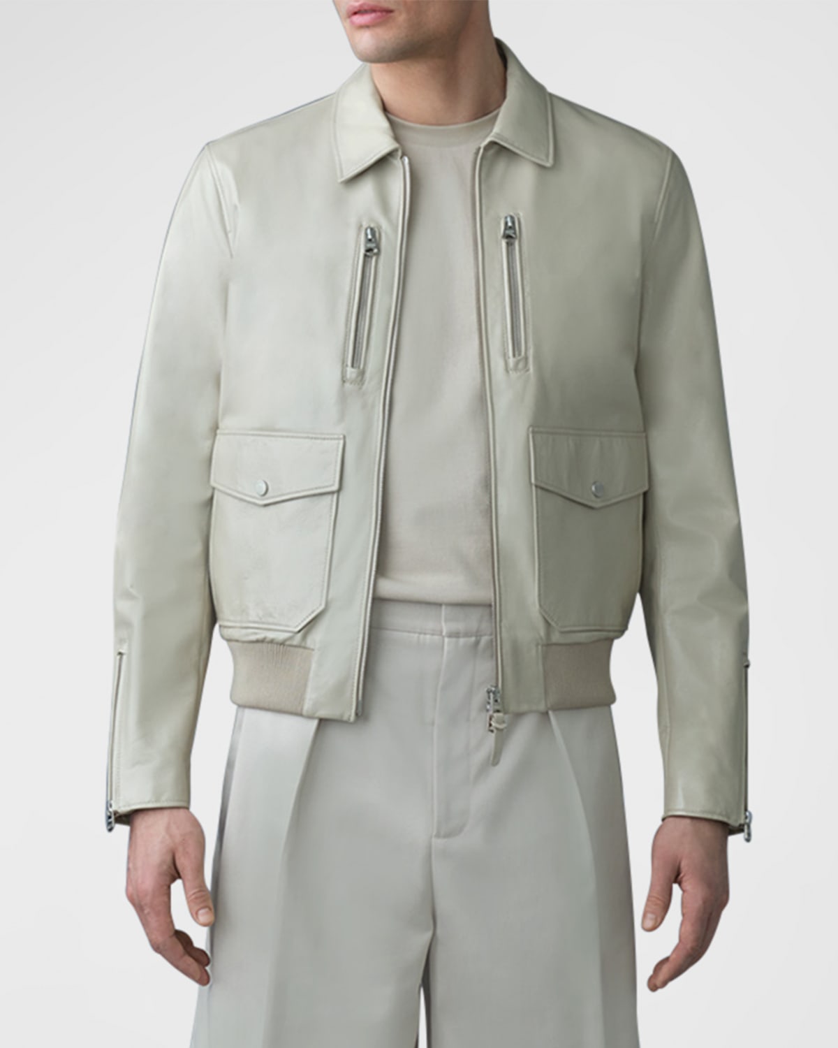 Shop Mackage Men's Chance Leather Bomber Jacket In Trench