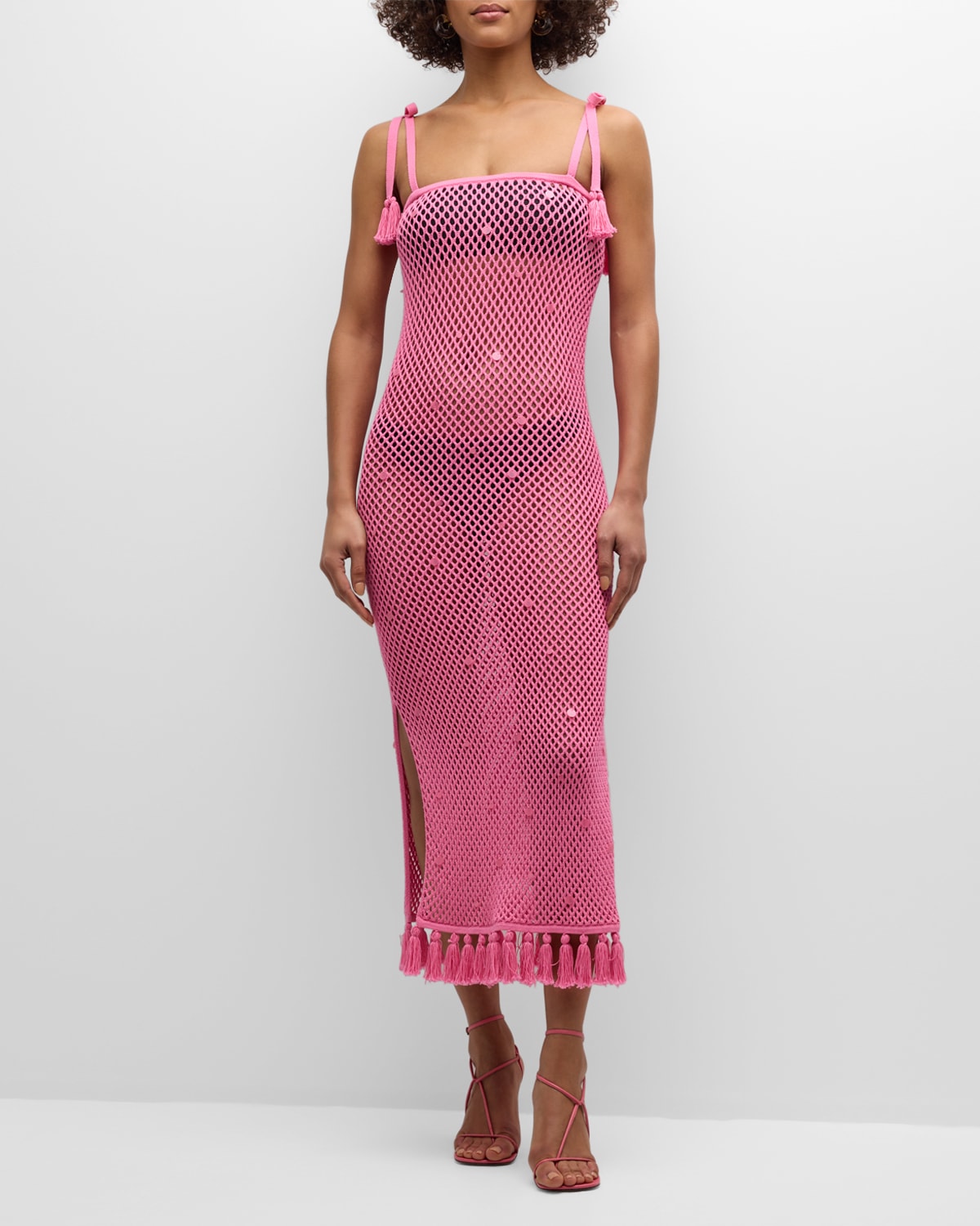 Cinq À Sept Kerry Sequined Open-knit Midi Dress In Neon Pink