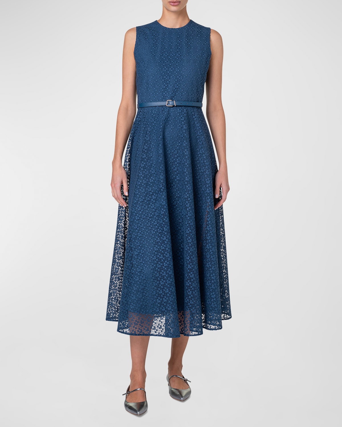 Shop Akris Sleeveless Embroidered Lace Belted Midi Dress In Blue