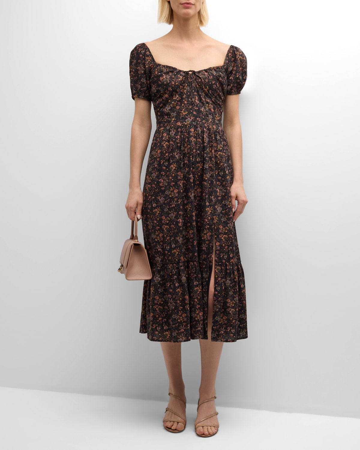 Paige Otienne Short-sleeve Floral Midi Dress In Brown