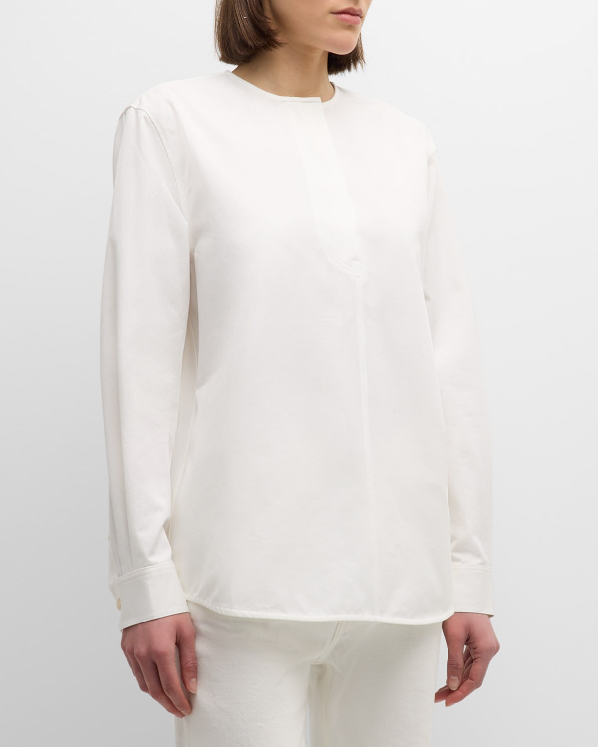 Shop Totême Collarless Cotton Twill Shirt In Open White