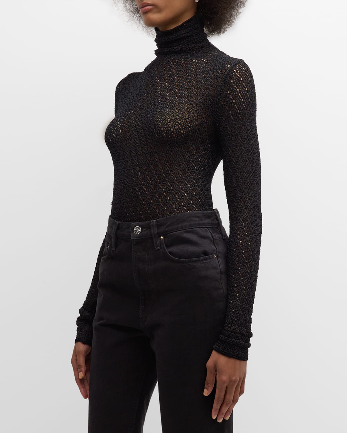 Totême Turtleneck Long-sleeve Crochet Knit T-shirt In Black