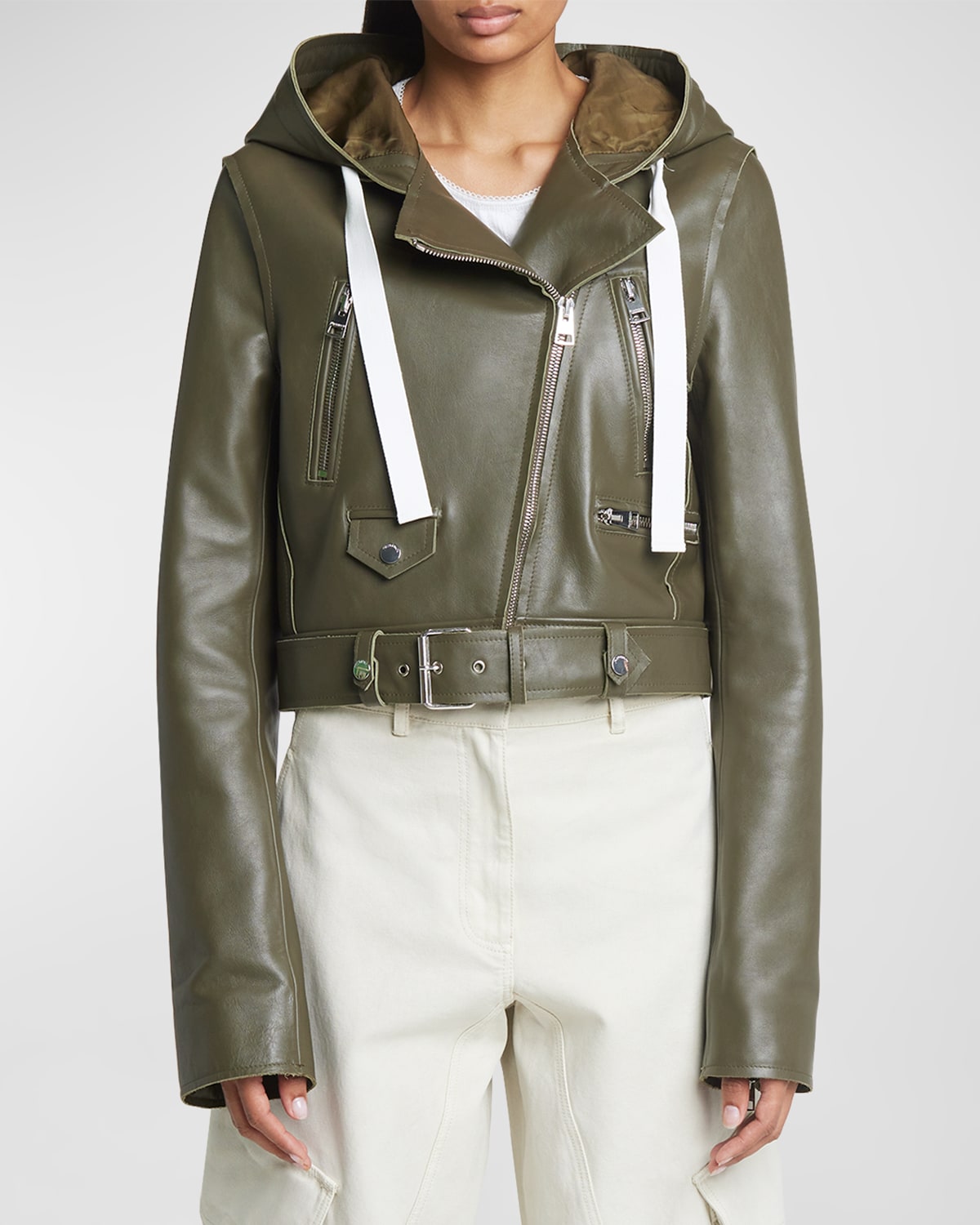 Shop Jw Anderson Hooded Leather Moto Jacket In Green