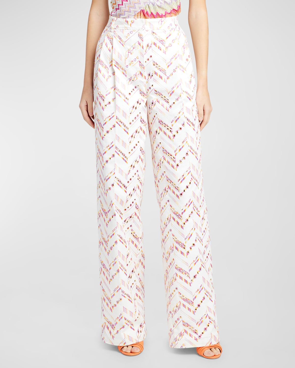 Shop Missoni Chevron Broderie Anglaise Pleated Straight-leg Trousers In Zzpkylwprlwht