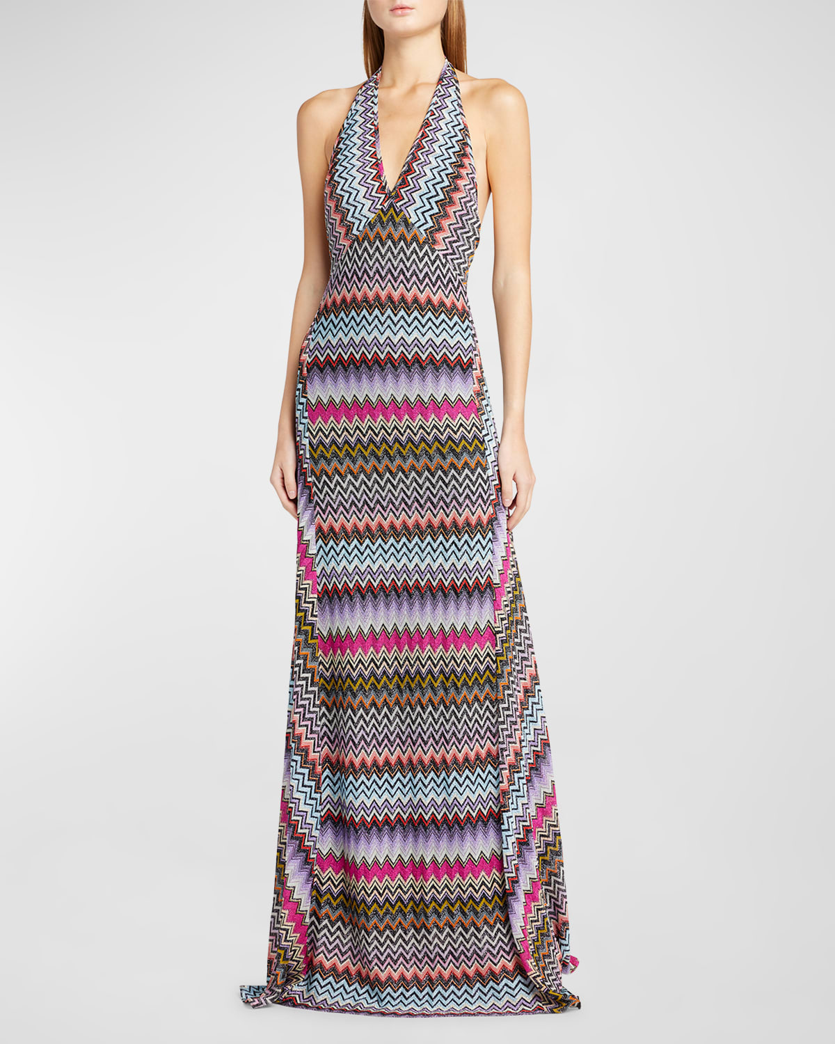 Shop Missoni Metallic Chevron Knit Halter Maxi Dress In Multiblack Bs
