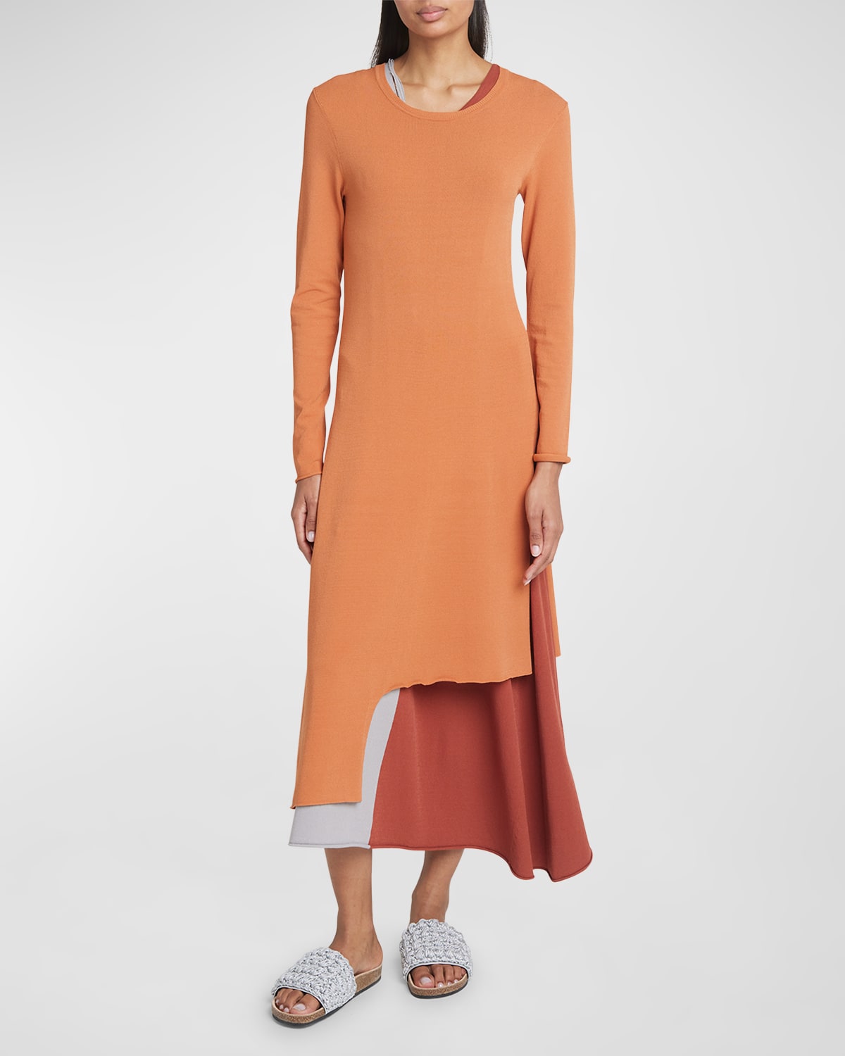 Shop Jw Anderson Colorblock Layered Long-sleeve Midi Dress In Cumin