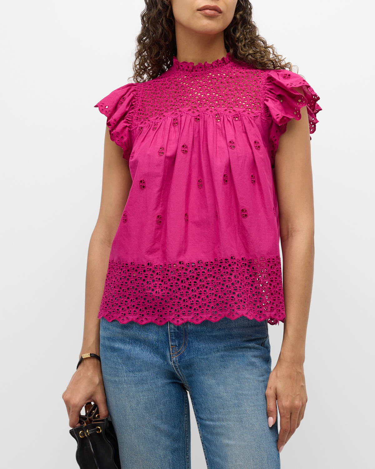 Kassi Ruffle-Sleeve Embroidered Cotton Top