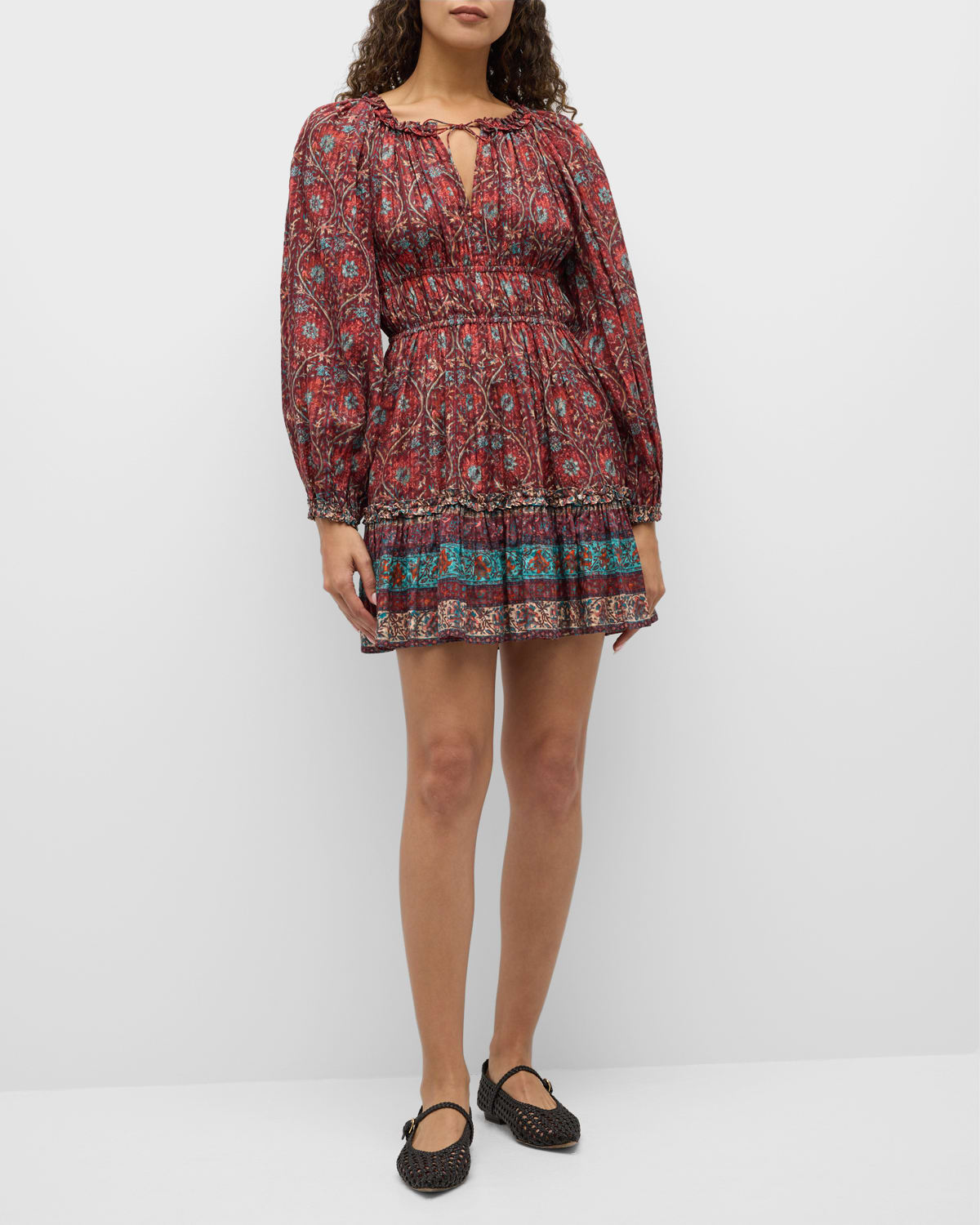 Shop Ulla Johnson Val Printed Long-sleeve Mini Dress In Pomegranate