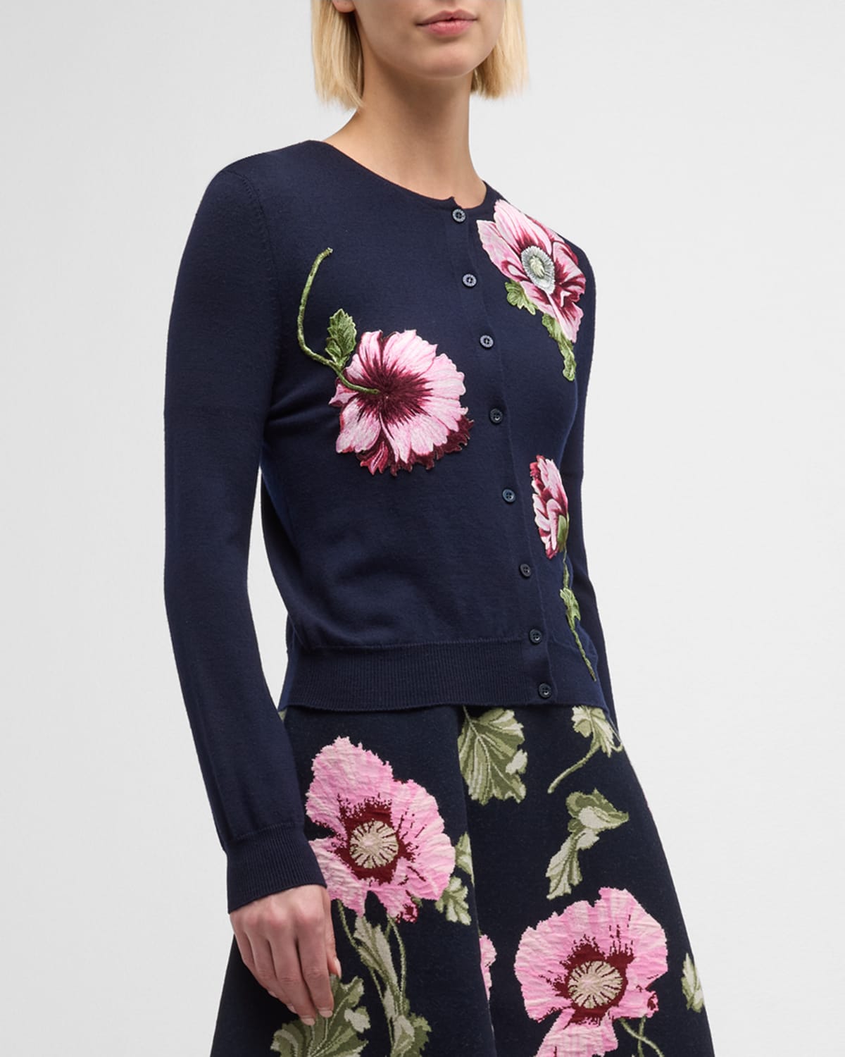 Oscar De La Renta Wool Knit Cardigan With Threadwork Embroidered Poppies In Navy Pink