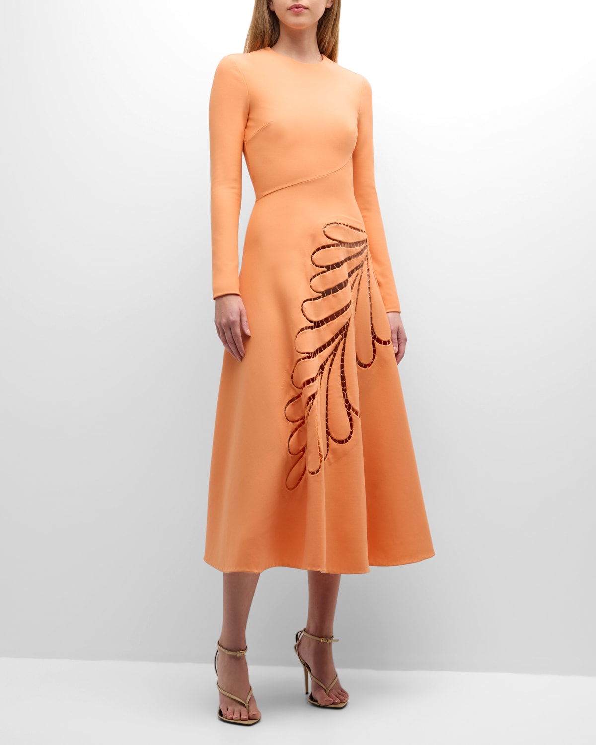 Oscar De La Renta Fern-inset Long-sleeve Crepe Midi Dress In Orange