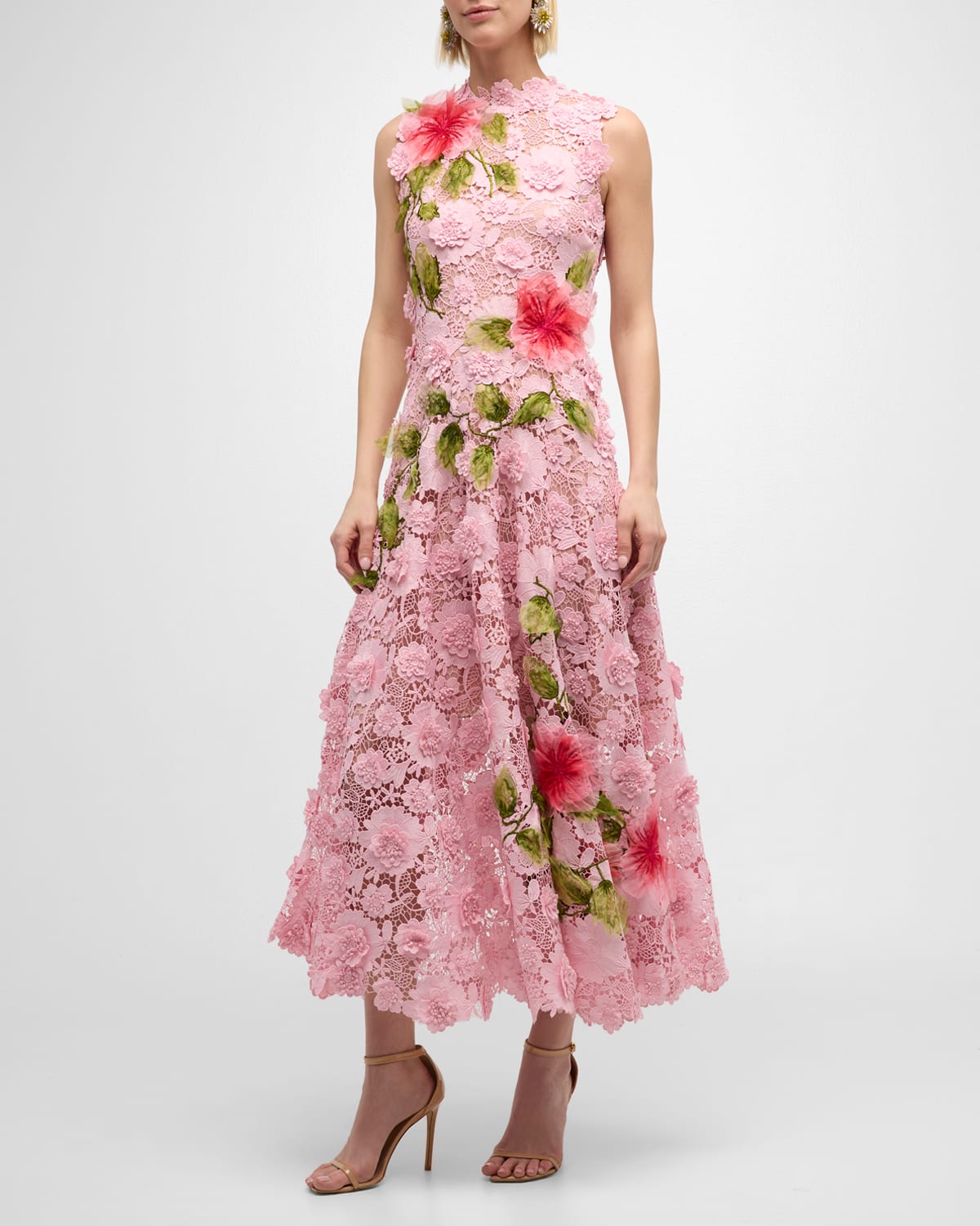Oscar De La Renta Hibiscus Embroidered Sleeveless Floral Guipure Lace Midi Dress In Pink