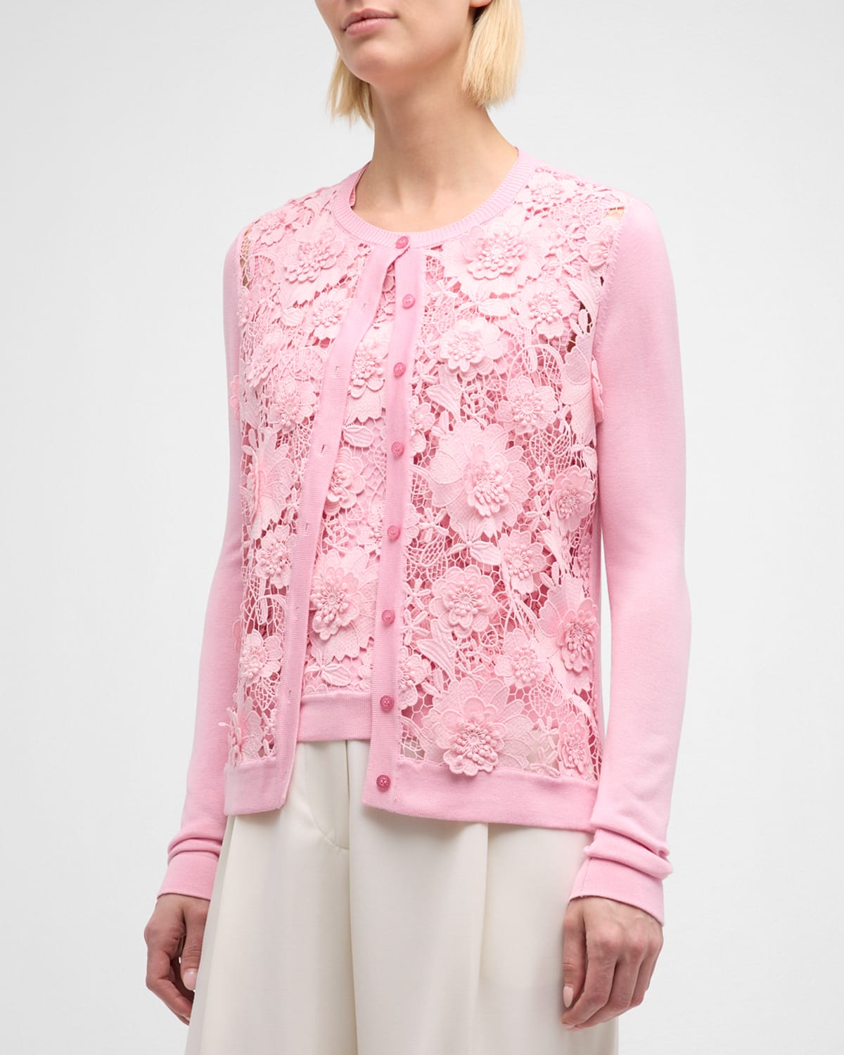 Shop Oscar De La Renta Floral Guipure Inset Long-sleeve Crewneck Cardigan In Soft Pink