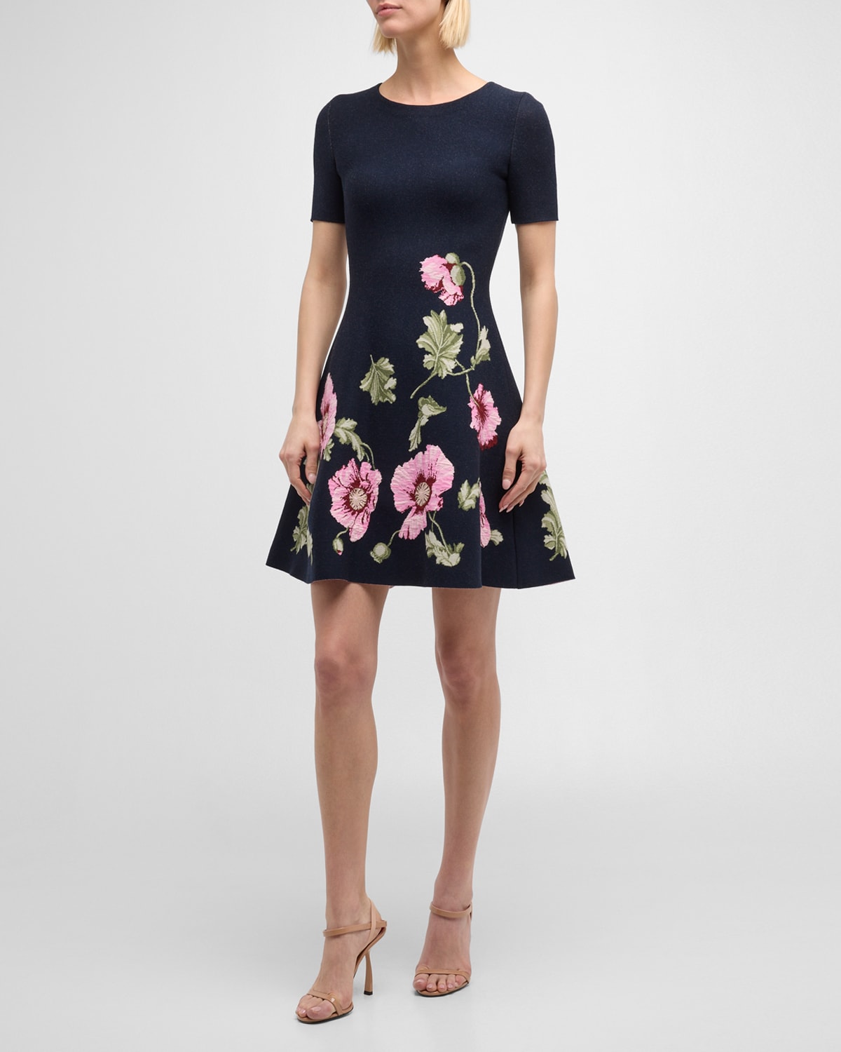 Jewel-Neck Poppies Jacquard Short-Sleeve Mini Dress