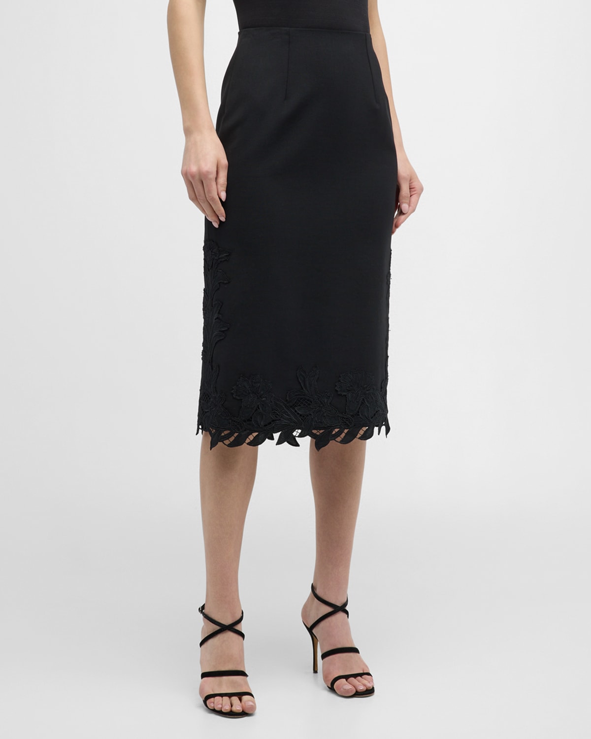 Shop Oscar De La Renta Stretch Wool Pencil Skirt With Marbled Carnation Guipure Detail In Black