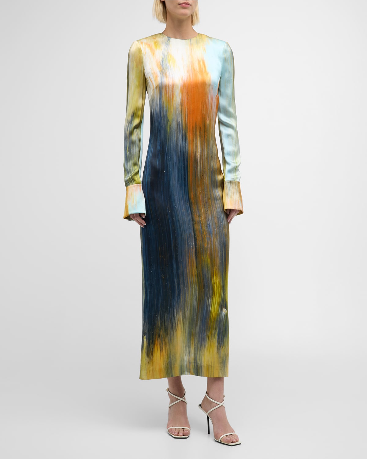 Abstract Marocaine-Print Long-Sleeve Satin Midi Dress