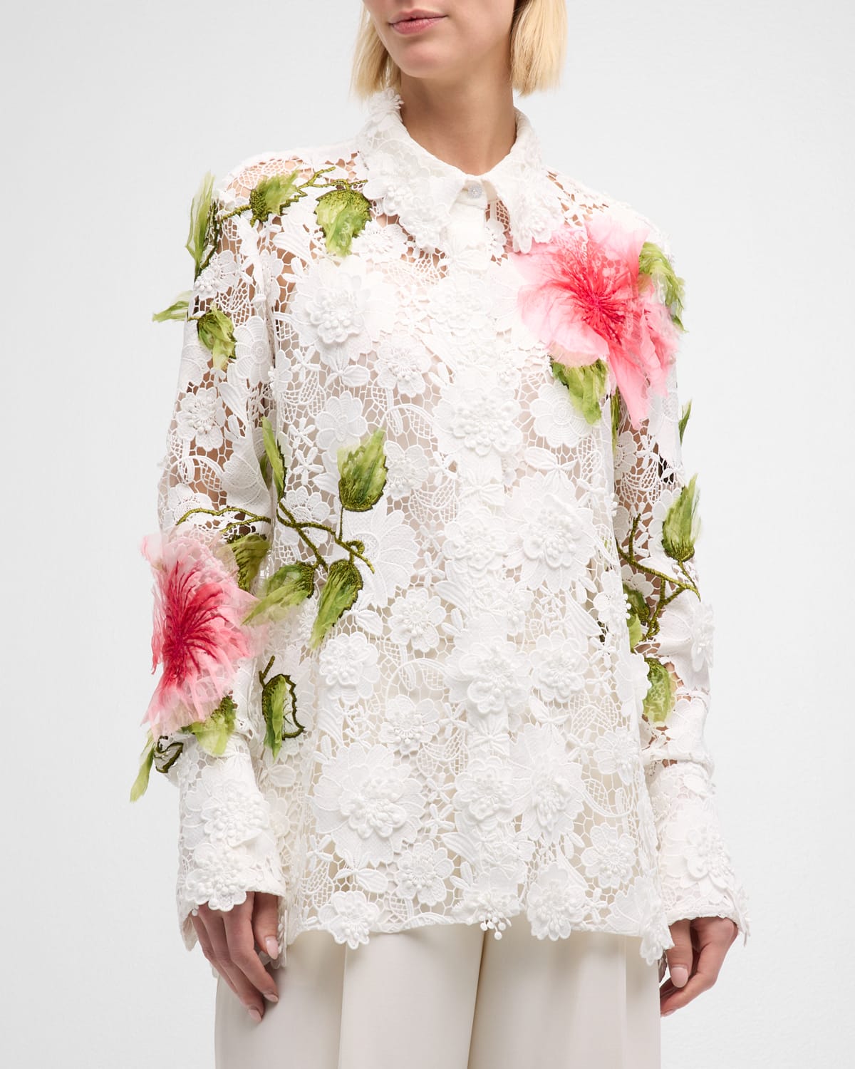 Oscar De La Renta Hibiscus Embroidered Long-sleeve Floral Guipure Collared Top In White
