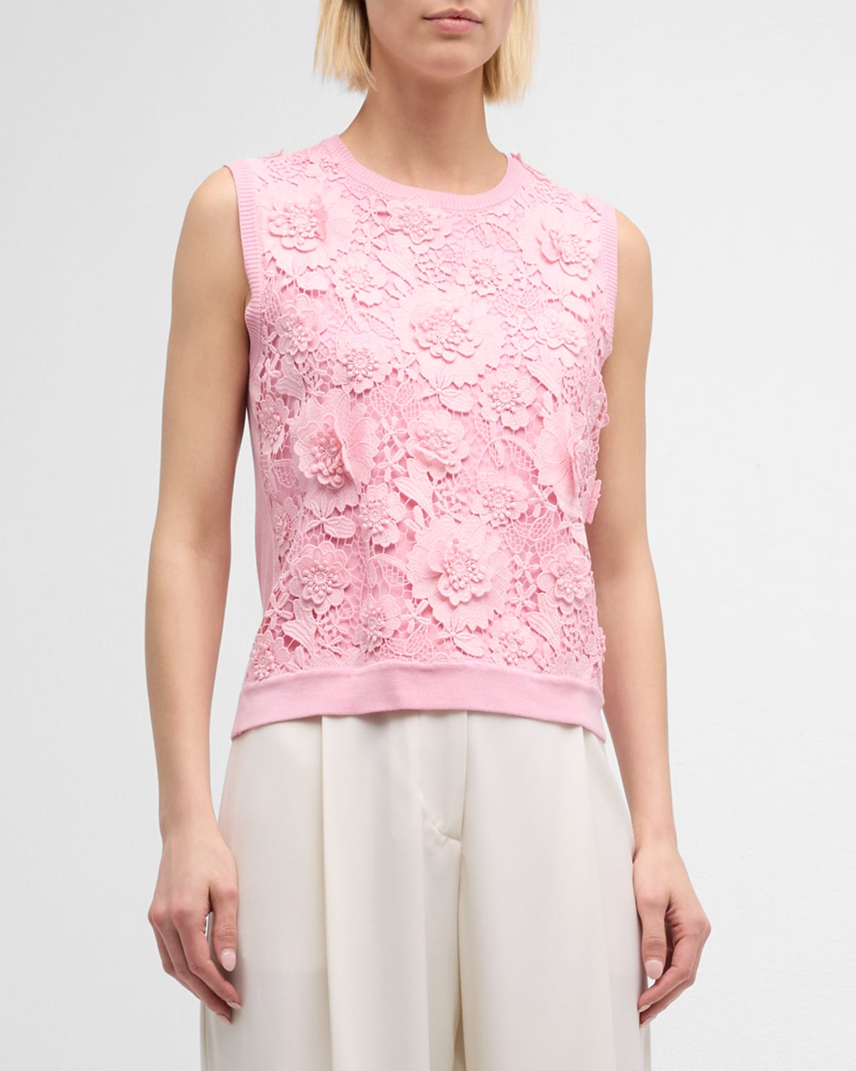 Shop Oscar De La Renta Floral Guipure Inset Knit Tank Top In Soft Pink