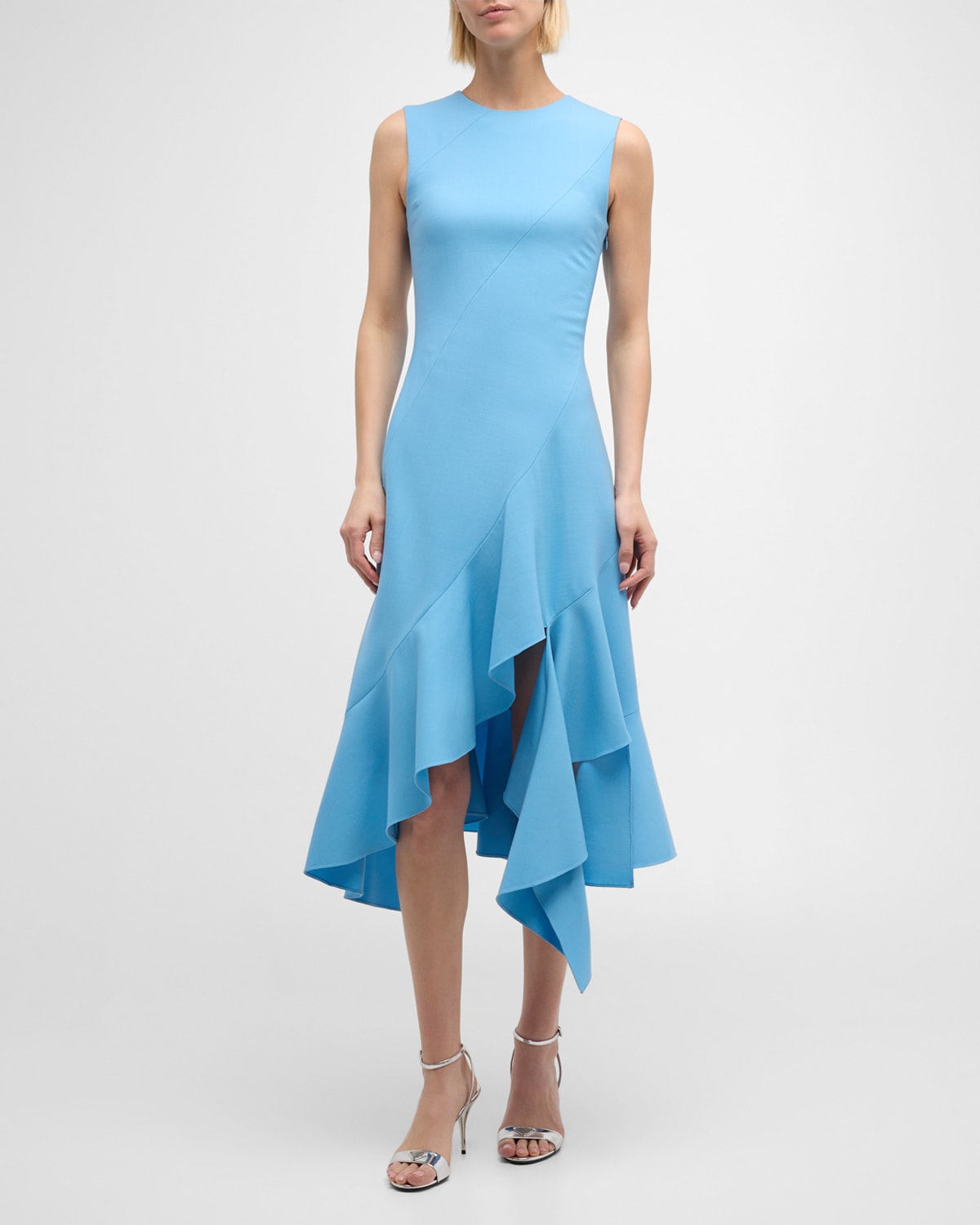 Shop Oscar De La Renta Sleeveless Jewel-neck Asymmetric-hem Midi Dress In Pastel Blue