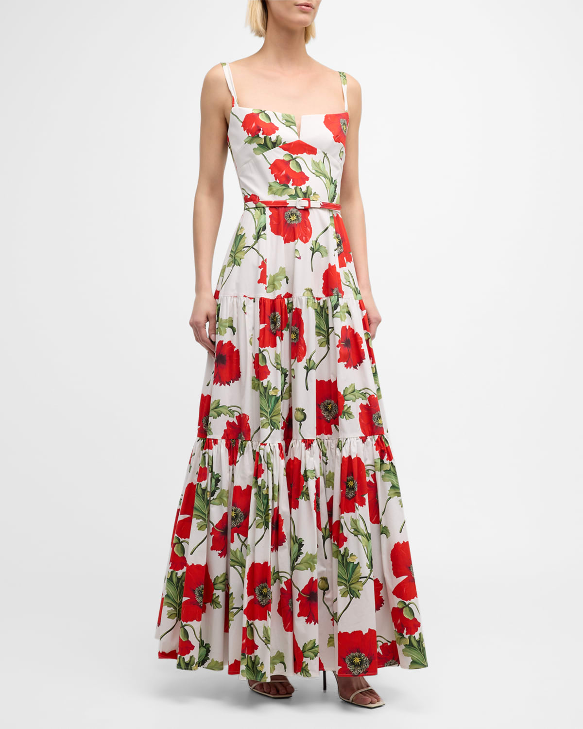 Shop Oscar De La Renta Poppies-print Sleeveless Belted Tiered Maxi Dress In Light Bluepink