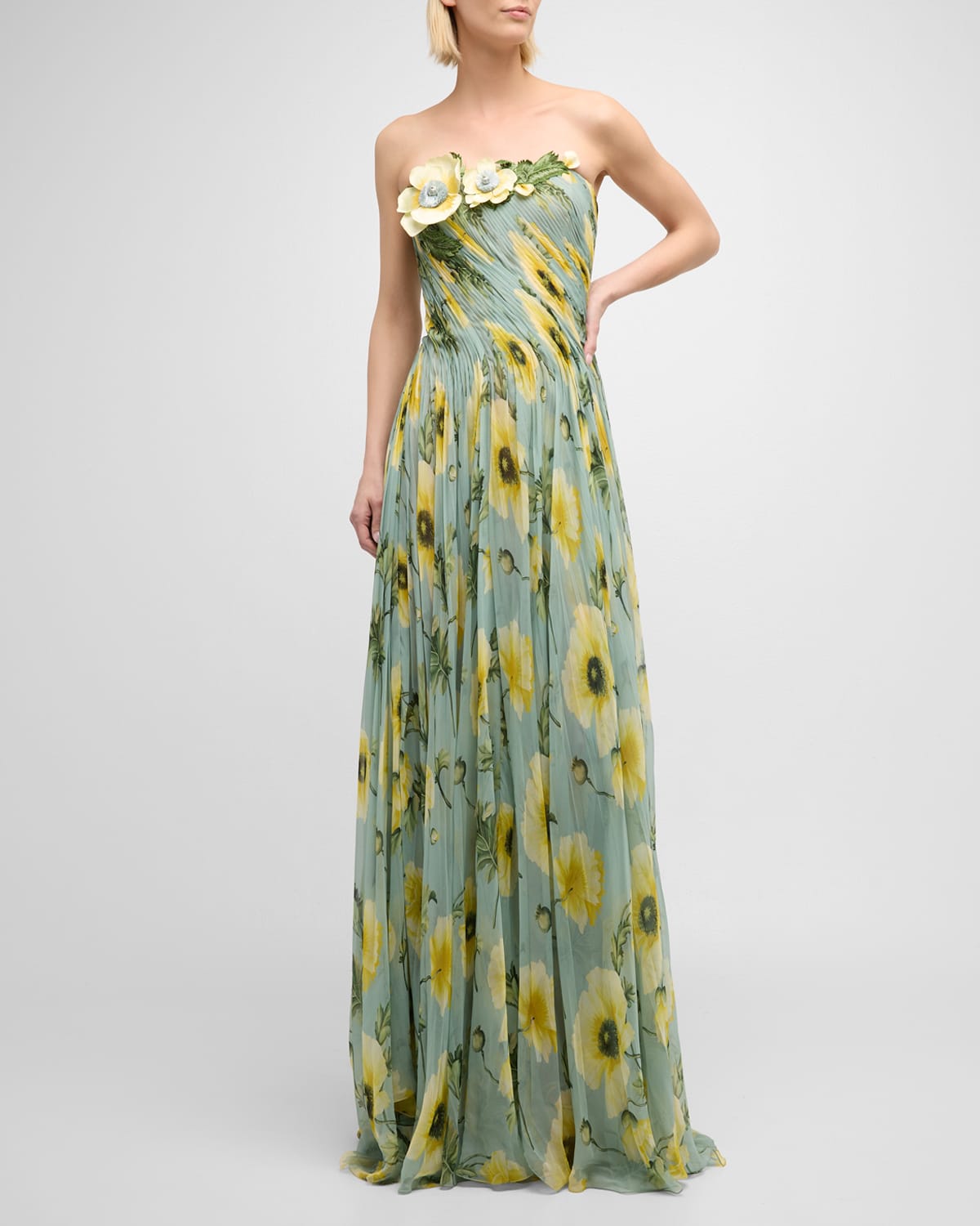 Draped Poppies Chiffon Gown with Threadwork Embroidered Details