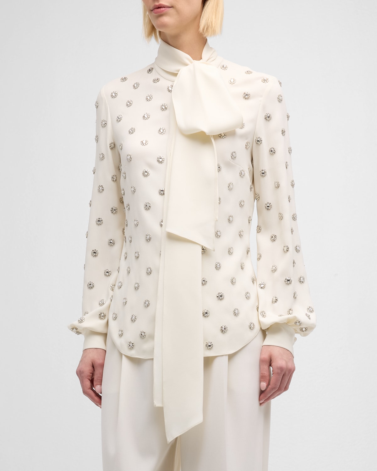 Shop Oscar De La Renta Crystal Embroidered Long-sleeve Silk Blouse In Ivory
