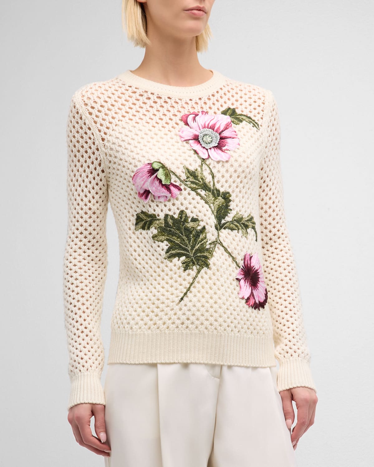 Shop Oscar De La Renta Open-knit Top With Threadwork Poppies In Ivory