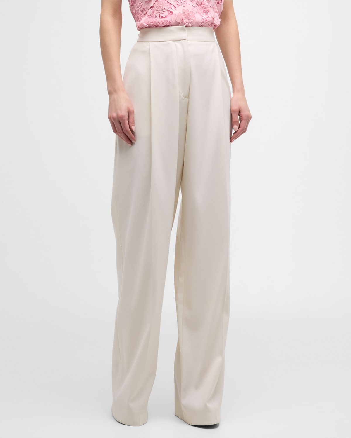 Shop Oscar De La Renta Wool Pleated Wide-leg Pants In Ivory