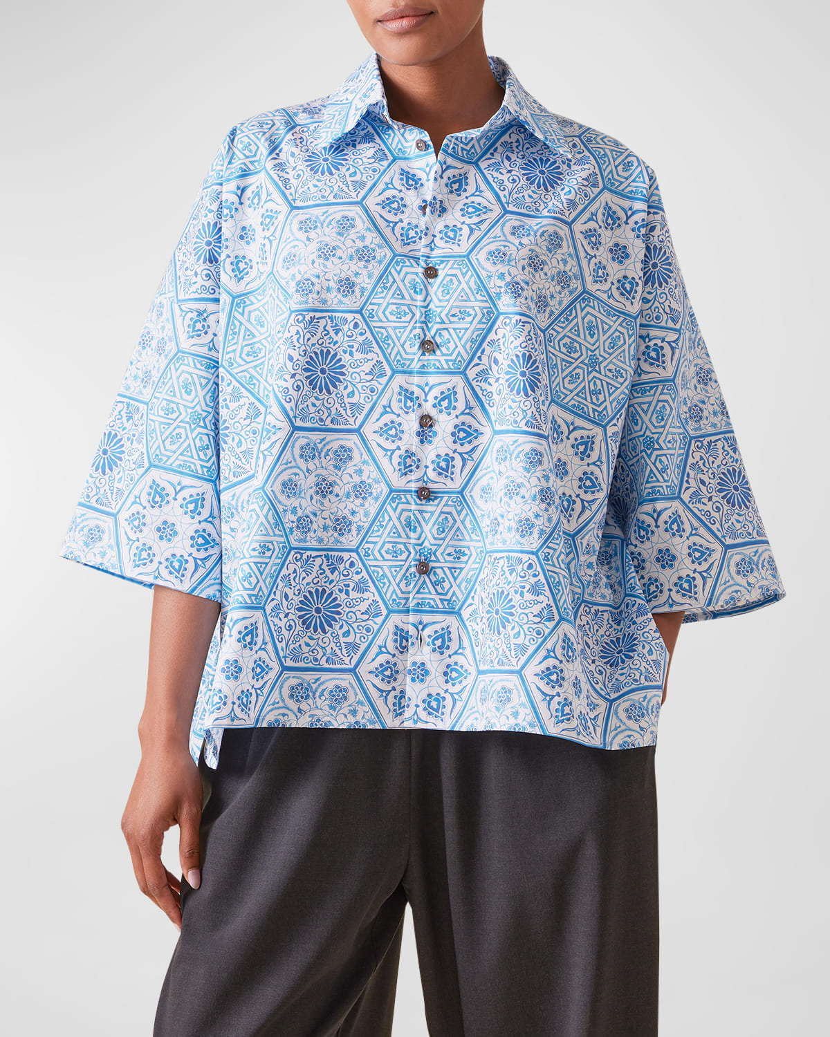 Eskandar Sloped Shoulder Wide A-line Printed Shirt In Blue