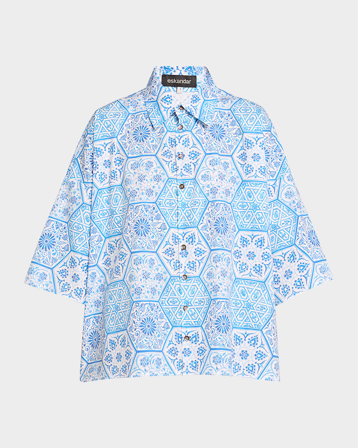 Shop Eskandar Sloped Shoulder Wide A-line Printed Shirt In Damascusblue