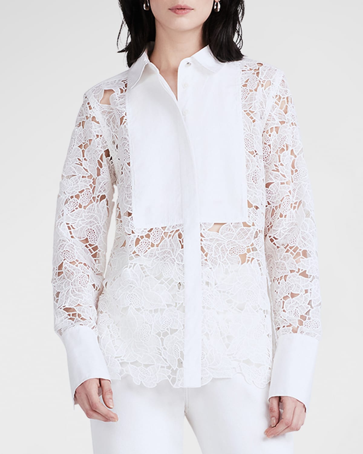 Shop Derek Lam 10 Crosby Megan Long-sleeve Button-front Lace Blouse In White