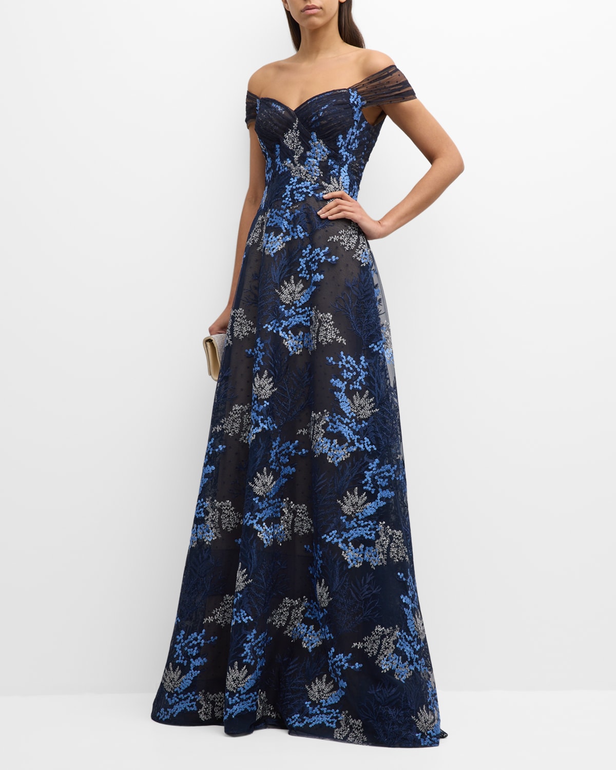 Shop Rickie Freeman For Teri Jon Off-shoulder Floral-embroidered Tulle Gown In Navy Multi