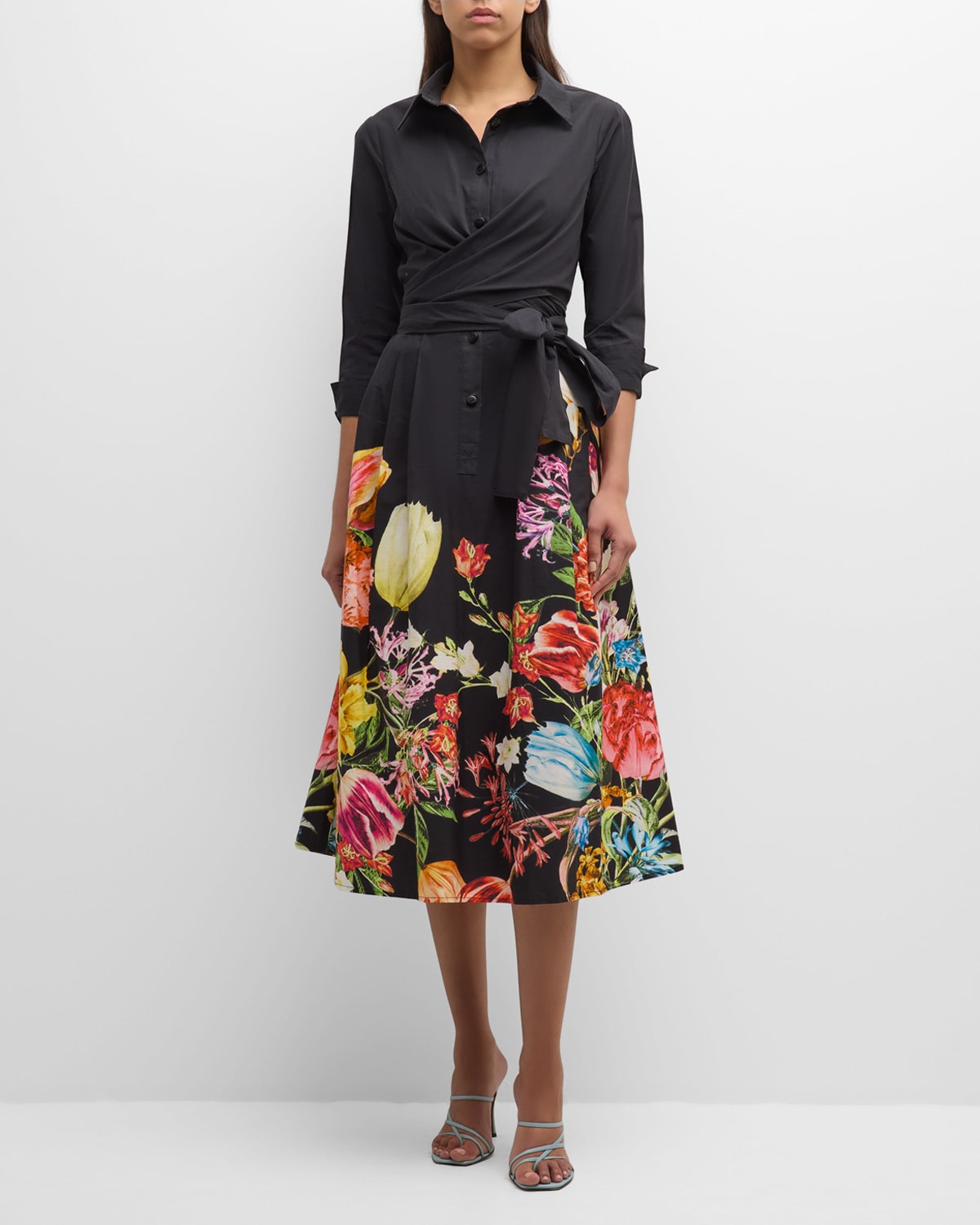 Shop Rickie Freeman For Teri Jon Floral-print Wrap Midi Shirtdress In Black Mult