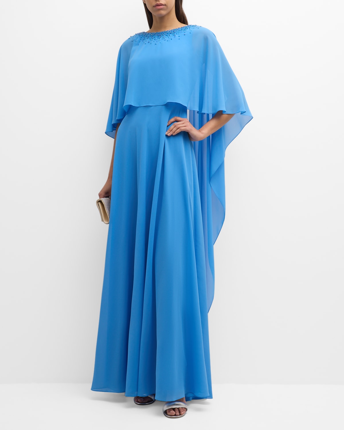 Shop Rickie Freeman For Teri Jon Beaded A-line Chiffon Cape Gown In Periwinkle